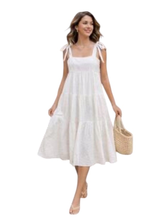 o.p.t Dresses & Skirts - O.P.T White Cotton Tiered Midi Dress Tie Straps Embroidered Cottagecore Summer